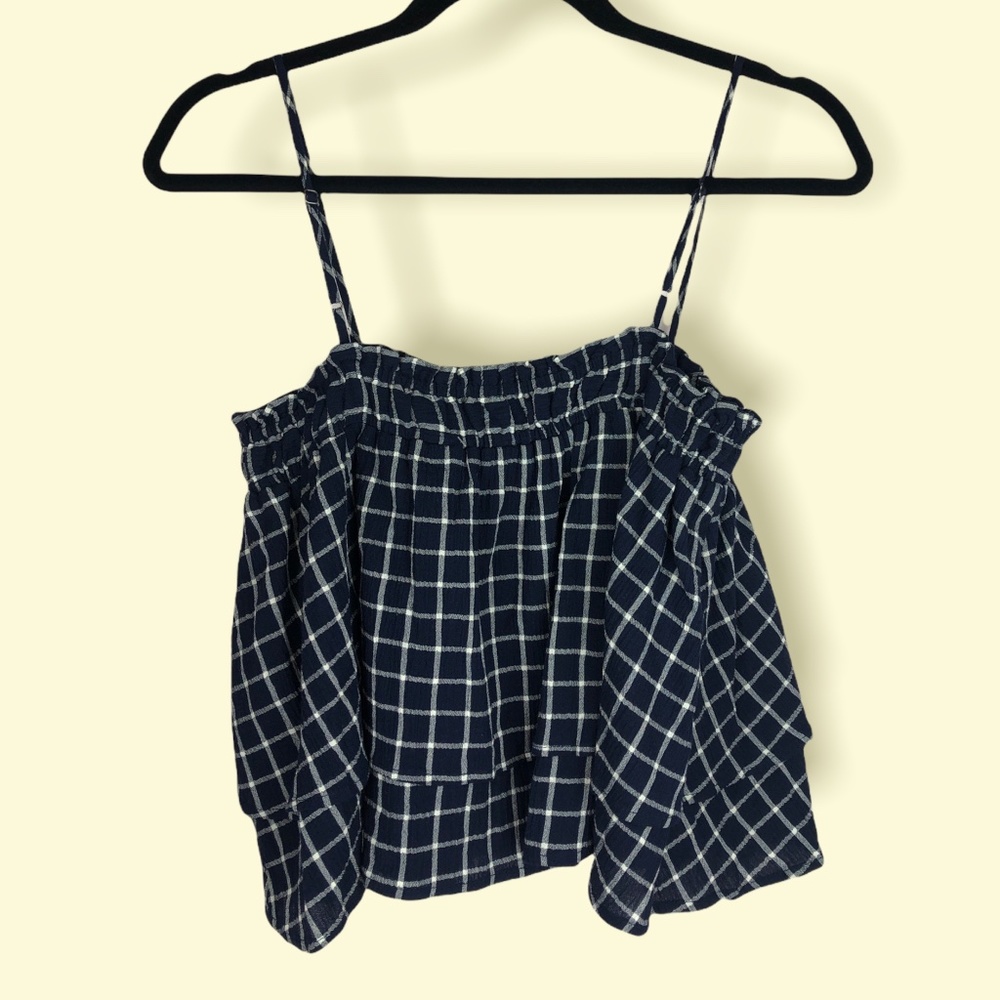 BP Plaid Ruffle Ruched Tiered Blouse Blue White Medium
